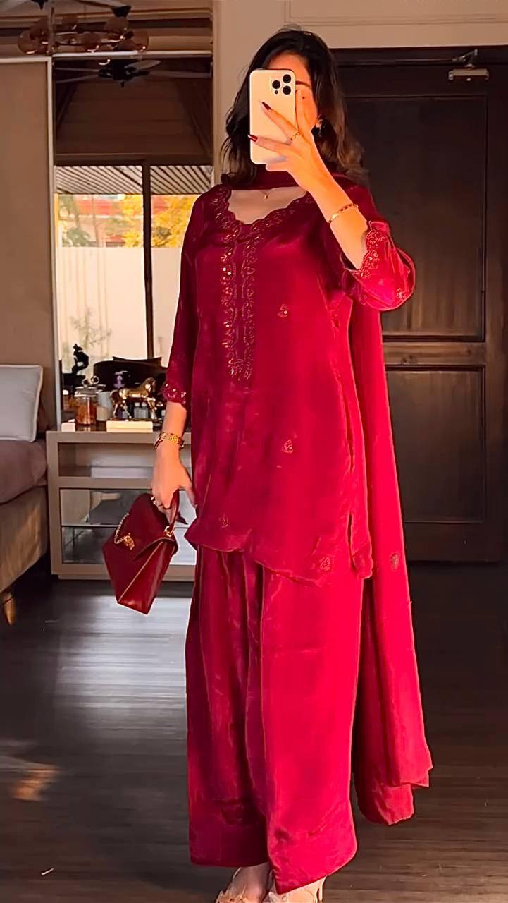 Premium Chinon Silk Kurti, Farsi Salwar & Dupatta Set