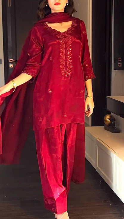 Premium Chinon Silk Kurti, Farsi Salwar & Dupatta Set