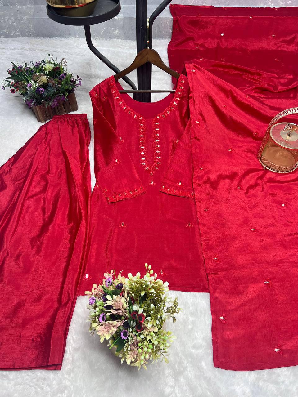 Premium Chinon Silk Kurti, Farsi Salwar & Dupatta Set
