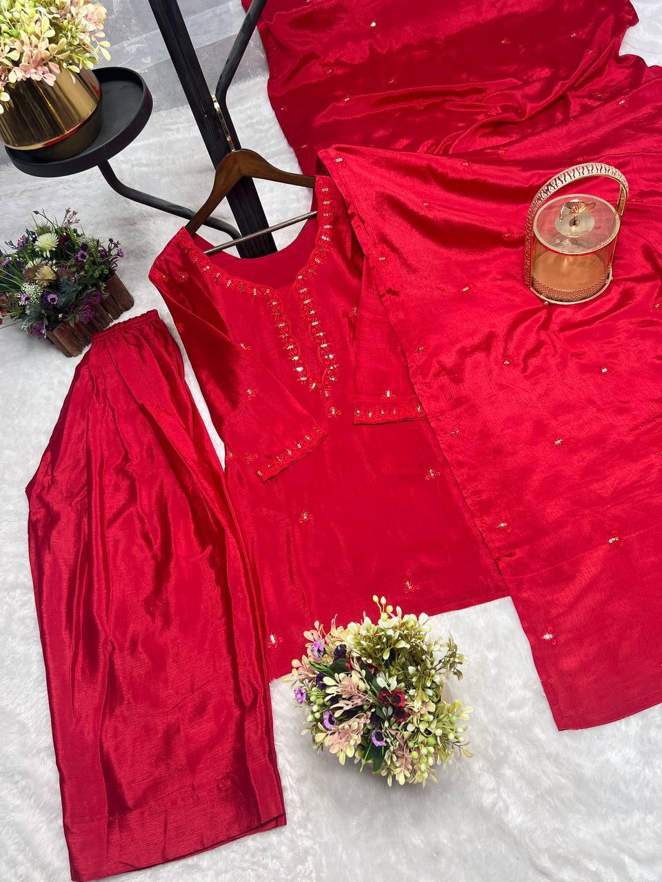 Premium Chinon Silk Kurti, Farsi Salwar & Dupatta Set