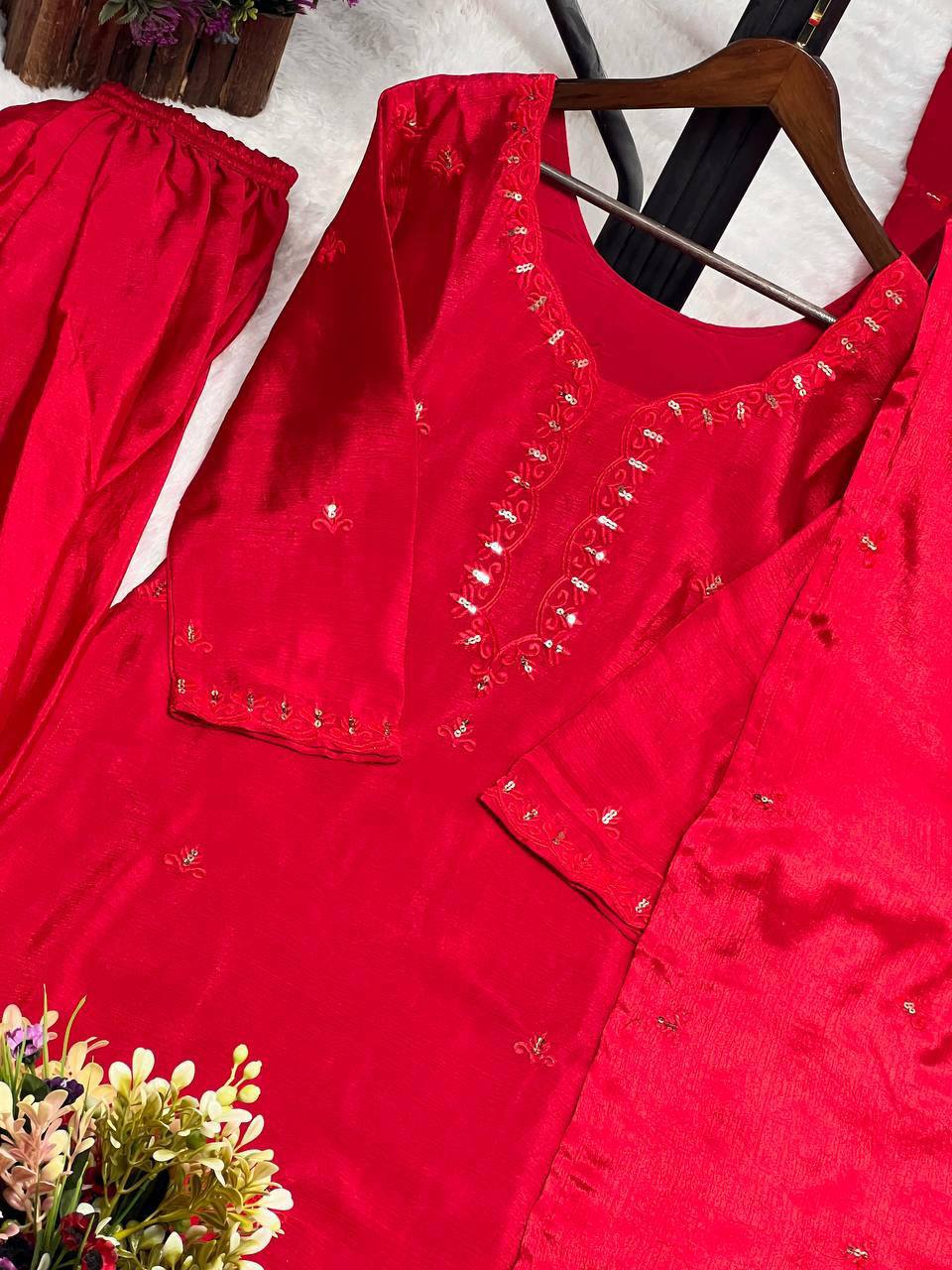 Premium Chinon Silk Kurti, Farsi Salwar & Dupatta Set