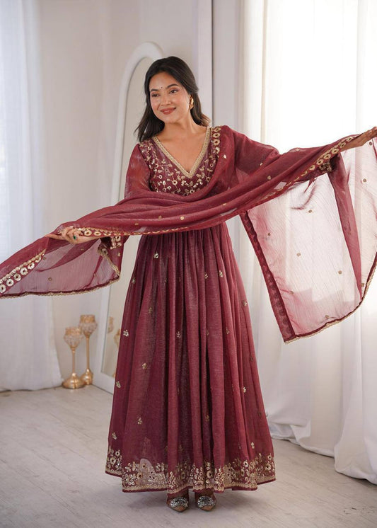 Premium Crunchy Fabric Embroidered Gown, Pant & Dupatta Set