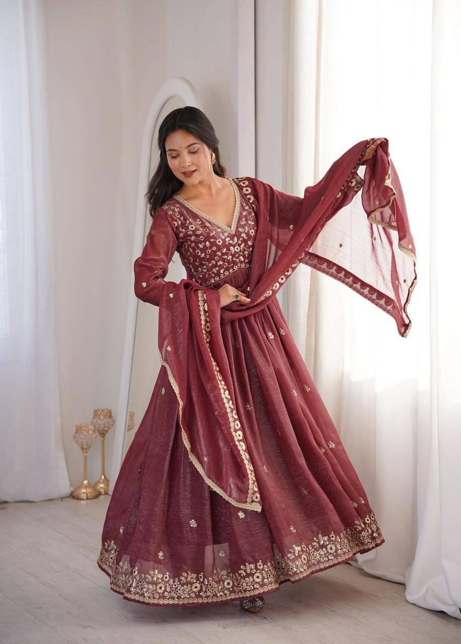Premium Crunchy Fabric Embroidered Gown, Pant & Dupatta Set