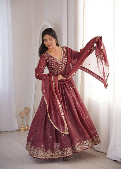 Premium Crunchy Fabric Embroidered Gown, Pant & Dupatta Set