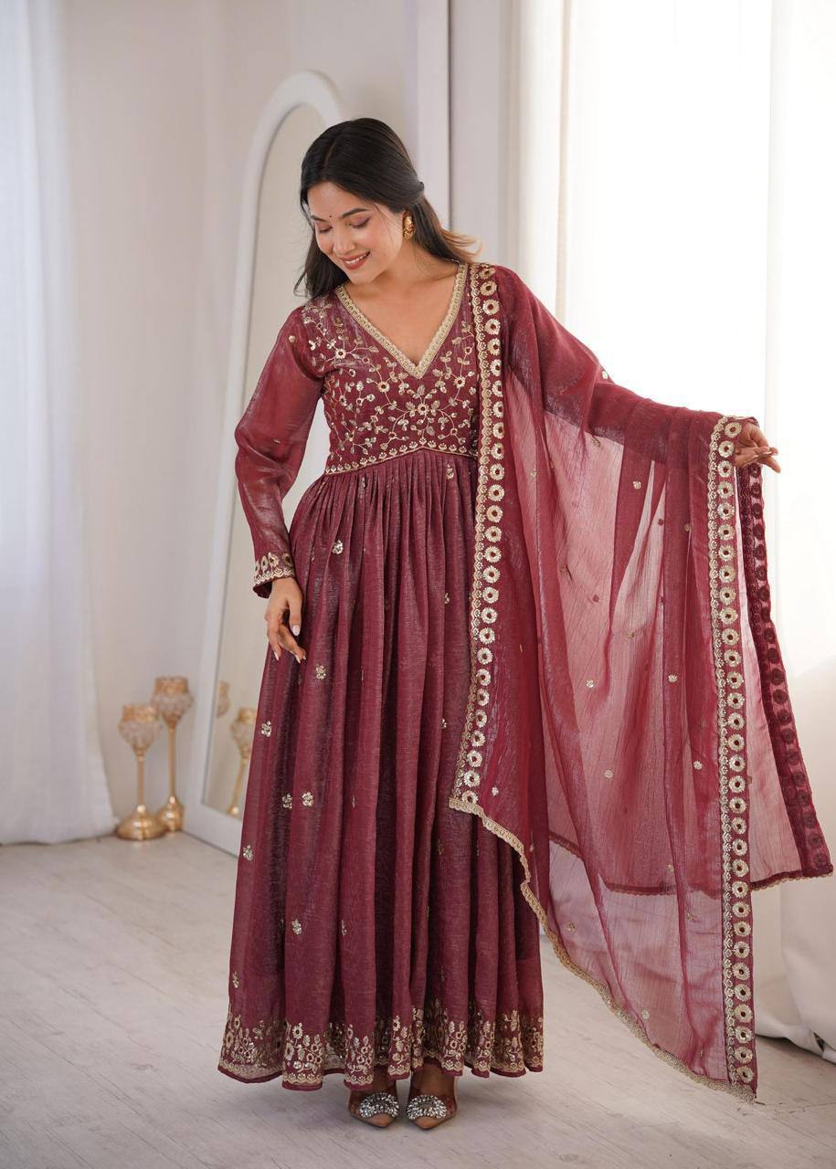 Premium Crunchy Fabric Embroidered Gown, Pant & Dupatta Set