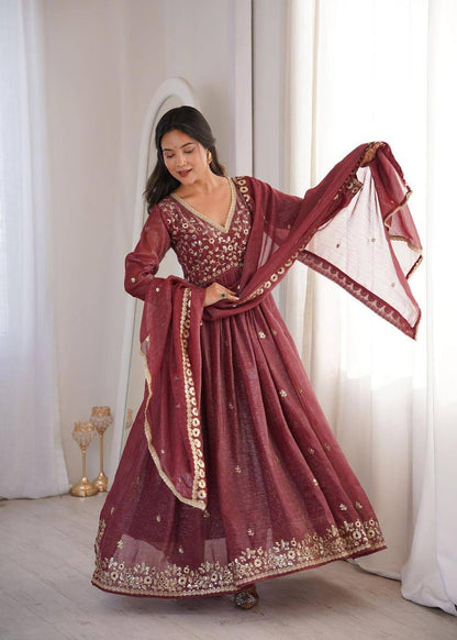 Premium Crunchy Fabric Embroidered Gown, Pant & Dupatta Set