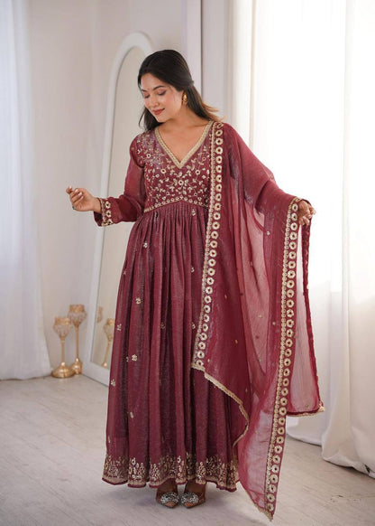 Premium Crunchy Fabric Embroidered Gown, Pant & Dupatta Set