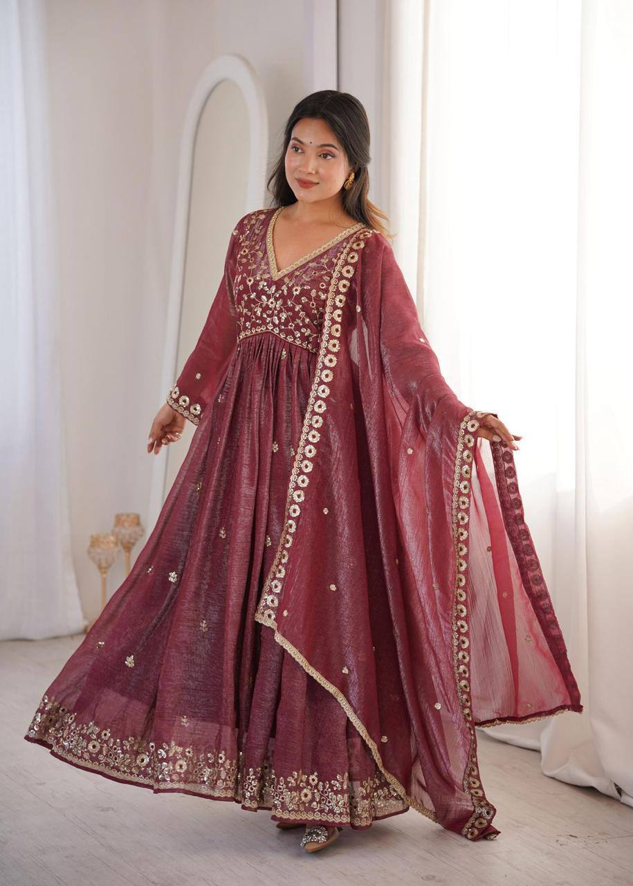 Premium Crunchy Fabric Embroidered Gown, Pant & Dupatta Set
