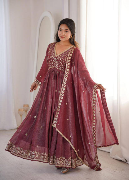 Premium Crunchy Fabric Embroidered Gown, Pant & Dupatta Set