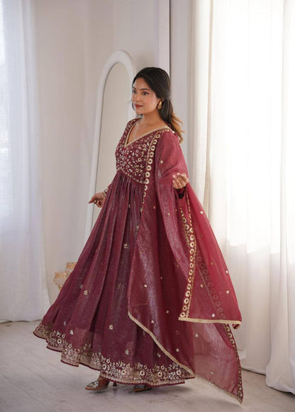 Premium Crunchy Fabric Embroidered Gown, Pant & Dupatta Set