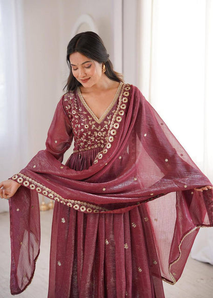 Premium Crunchy Fabric Embroidered Gown, Pant & Dupatta Set
