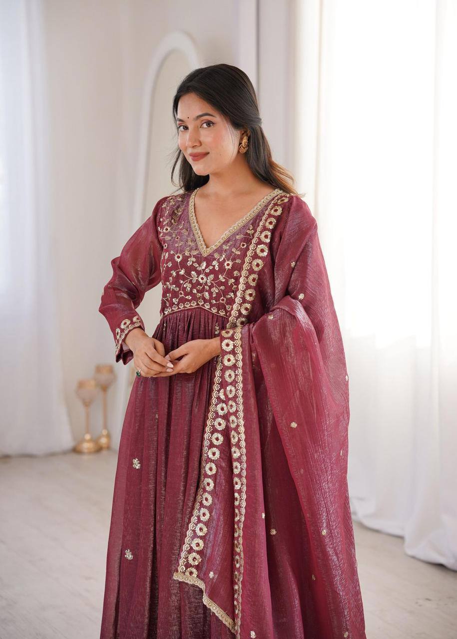 Premium Crunchy Fabric Embroidered Gown, Pant & Dupatta Set