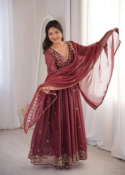 Premium Crunchy Fabric Embroidered Gown, Pant & Dupatta Set