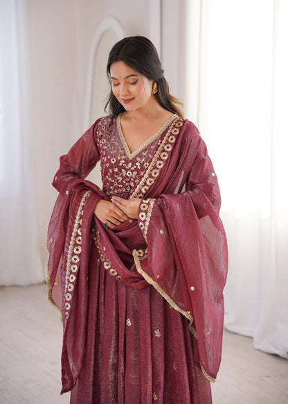 Premium Crunchy Fabric Embroidered Gown, Pant & Dupatta Set