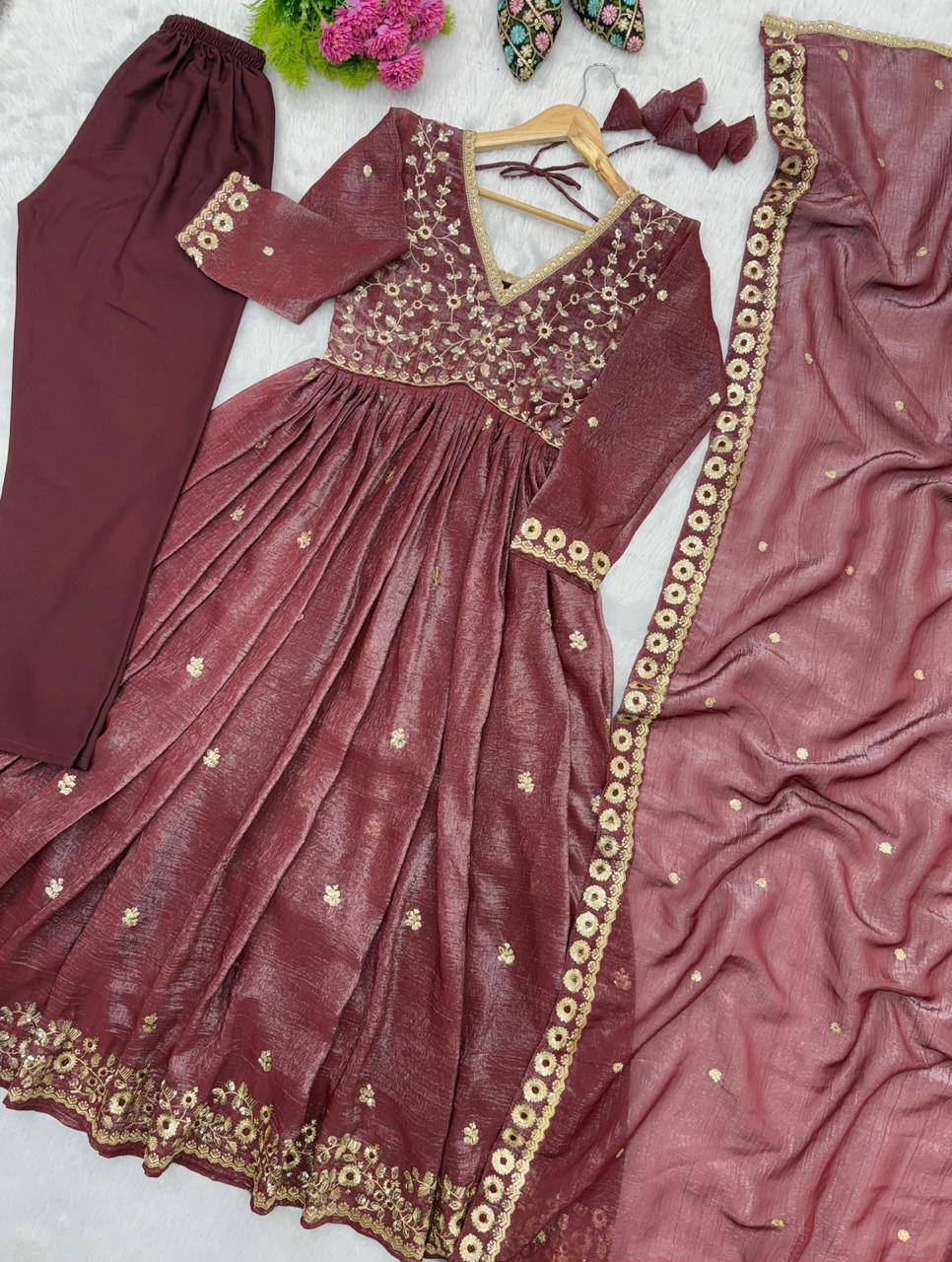 Premium Crunchy Fabric Embroidered Gown, Pant & Dupatta Set