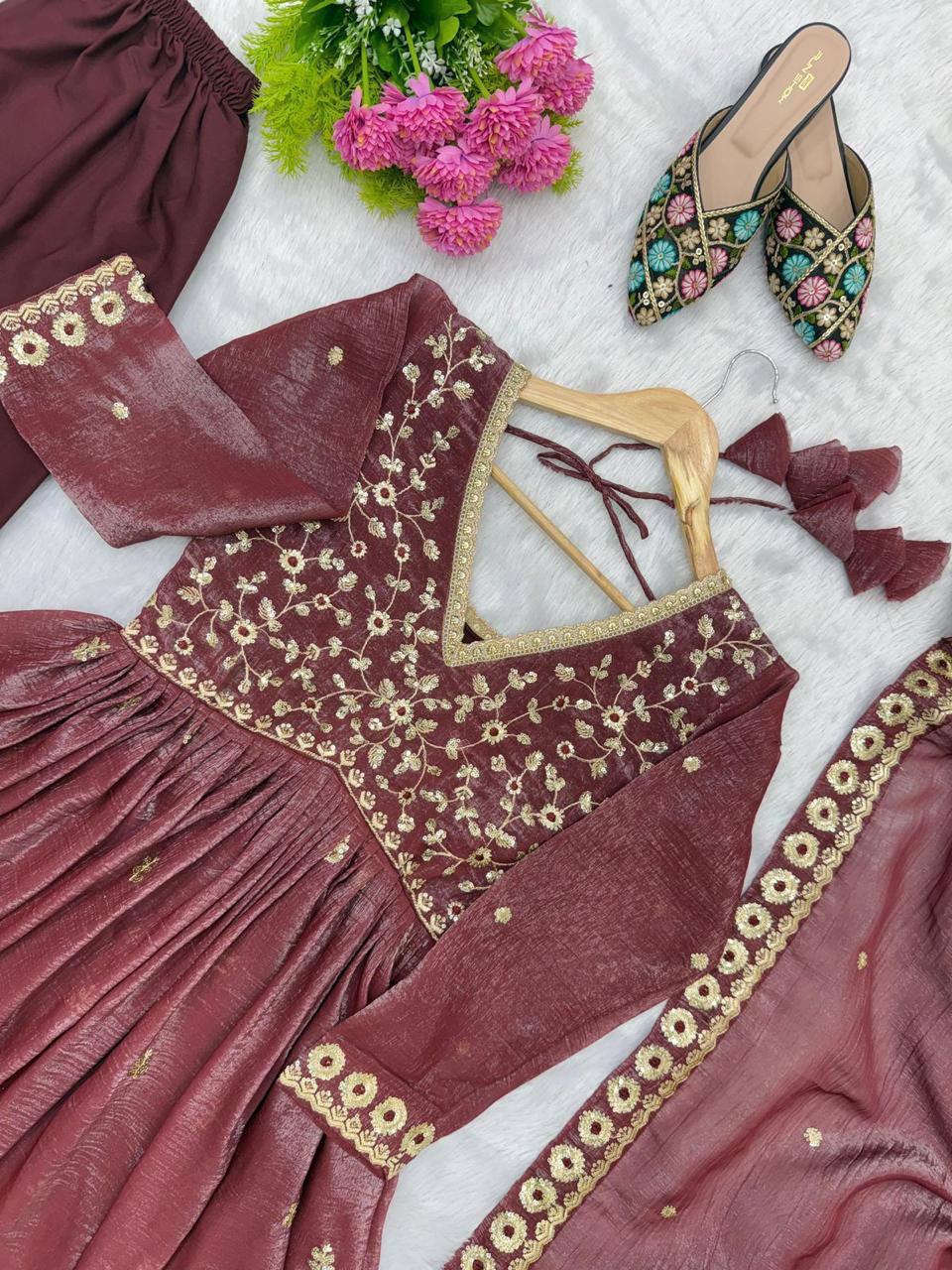 Premium Crunchy Fabric Embroidered Gown, Pant & Dupatta Set