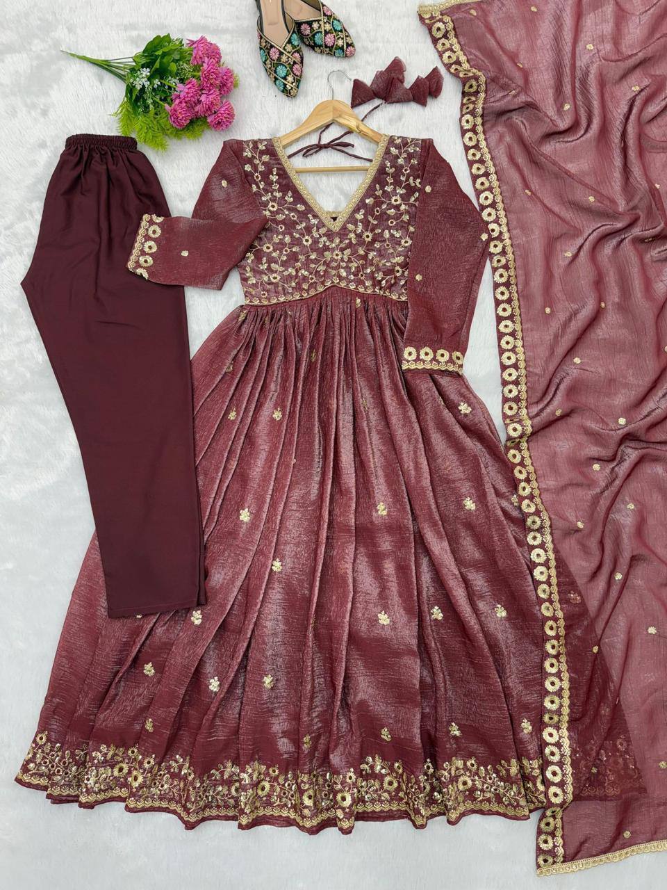 Premium Crunchy Fabric Embroidered Gown, Pant & Dupatta Set