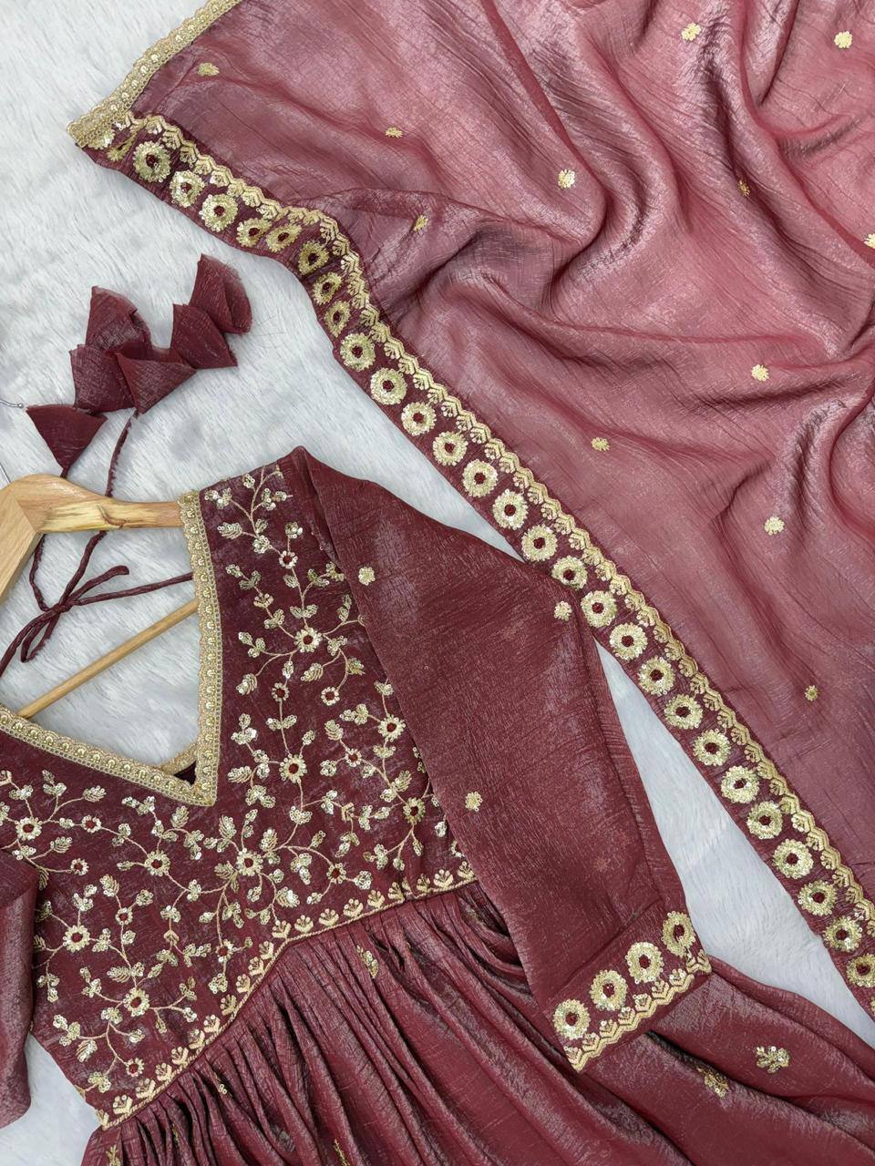 Premium Crunchy Fabric Embroidered Gown, Pant & Dupatta Set
