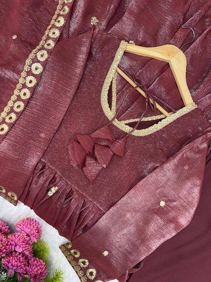 Premium Crunchy Fabric Embroidered Gown, Pant & Dupatta Set