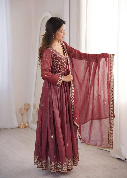 Premium Crunchy Fabric Embroidered Gown, Pant & Dupatta Set