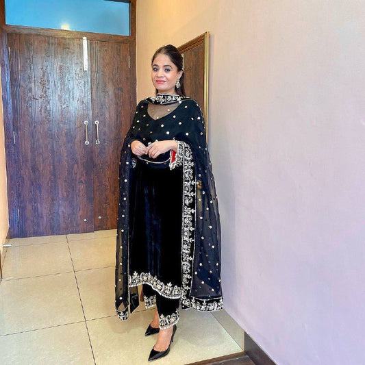 Premium 9000 Velvet Top, Plazzo & Dupatta Set