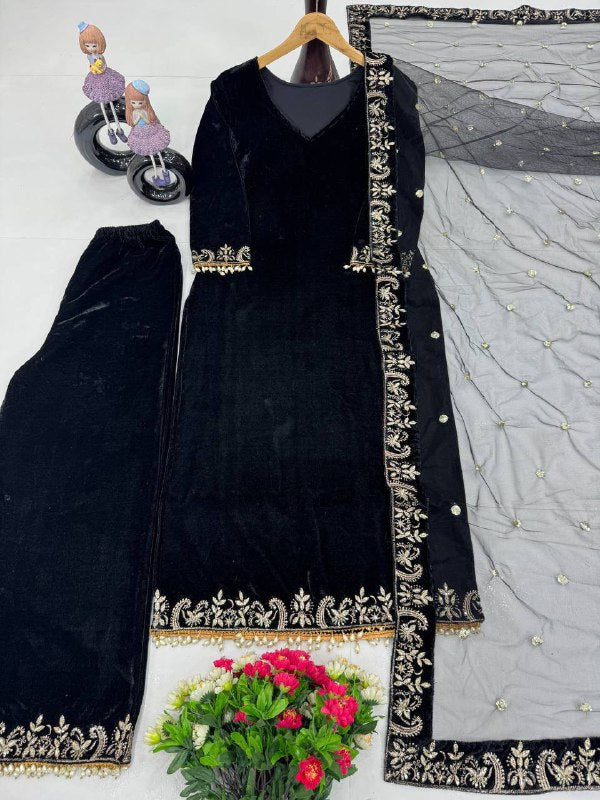 Premium 9000 Velvet Top, Plazzo & Dupatta Set