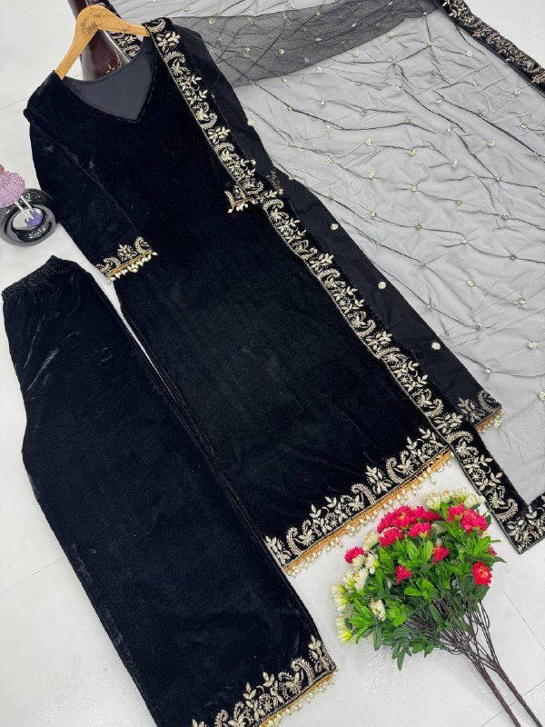 Premium 9000 Velvet Top, Plazzo & Dupatta Set