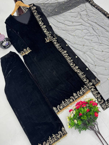 Premium 9000 Velvet Top, Plazzo & Dupatta Set
