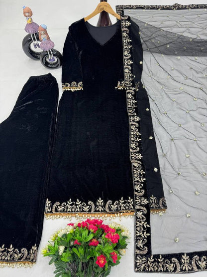 Premium 9000 Velvet Top, Plazzo & Dupatta Set