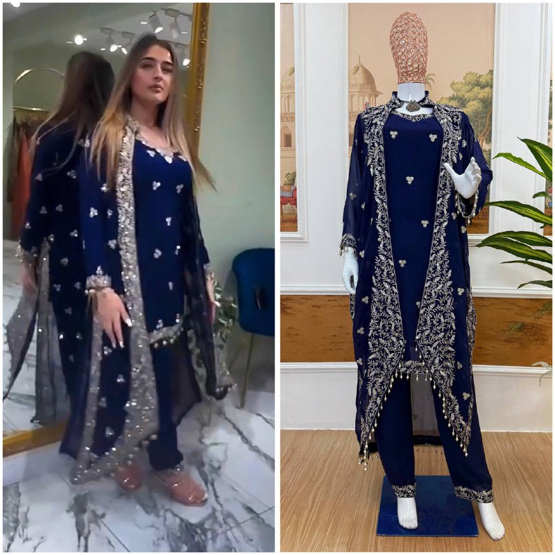 Premium Faux Georgette Kurti, Koti & Pant Set – Heavy Embroidery Work