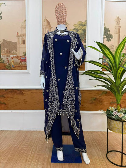 Premium Faux Georgette Kurti, Koti & Pant Set – Heavy Embroidery Work