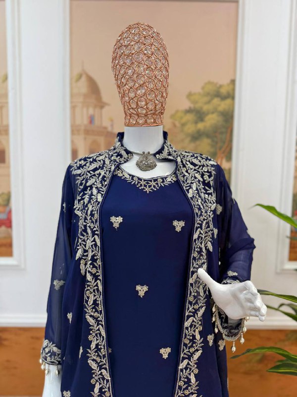 Premium Faux Georgette Kurti, Koti & Pant Set – Heavy Embroidery Work