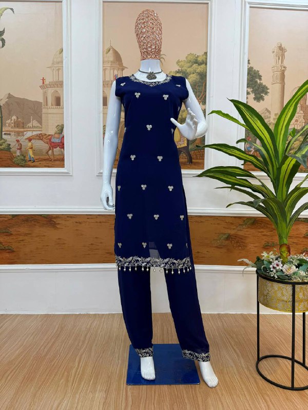 Premium Faux Georgette Kurti, Koti & Pant Set – Heavy Embroidery Work