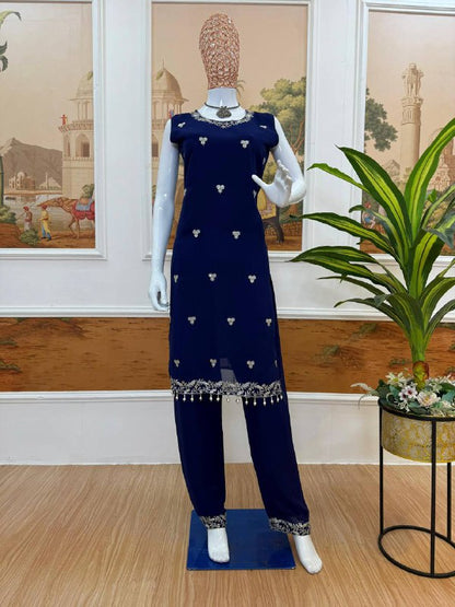 Premium Faux Georgette Kurti, Koti & Pant Set – Heavy Embroidery Work