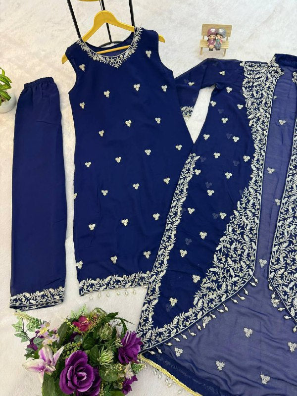Premium Faux Georgette Kurti, Koti & Pant Set – Heavy Embroidery Work