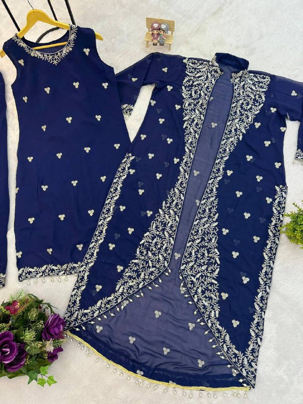 Premium Faux Georgette Kurti, Koti & Pant Set – Heavy Embroidery Work