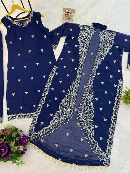 Premium Faux Georgette Kurti, Koti & Pant Set – Heavy Embroidery Work