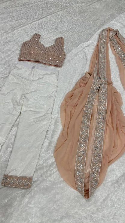 Premium Pre‑Stitched Faux Georgette Saree with Chinon Silk Pant & Blouse