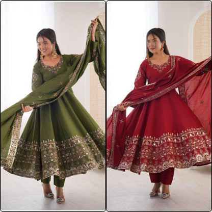 Premium Roman Silk Three‑Piece Anarkali Gown Set
