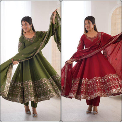 Premium Roman Silk Anarkali Gown, Bottom & Dupatta Set