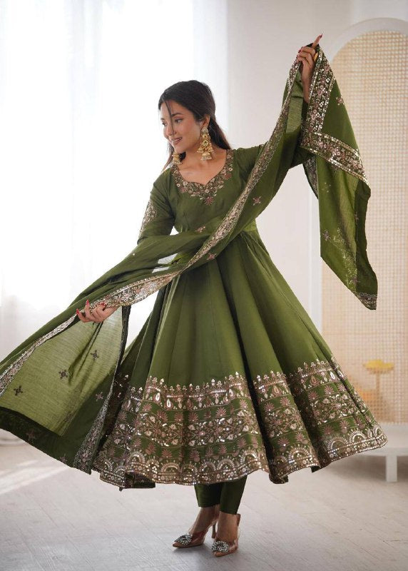 Premium Roman Silk Three‑Piece Anarkali Gown Set