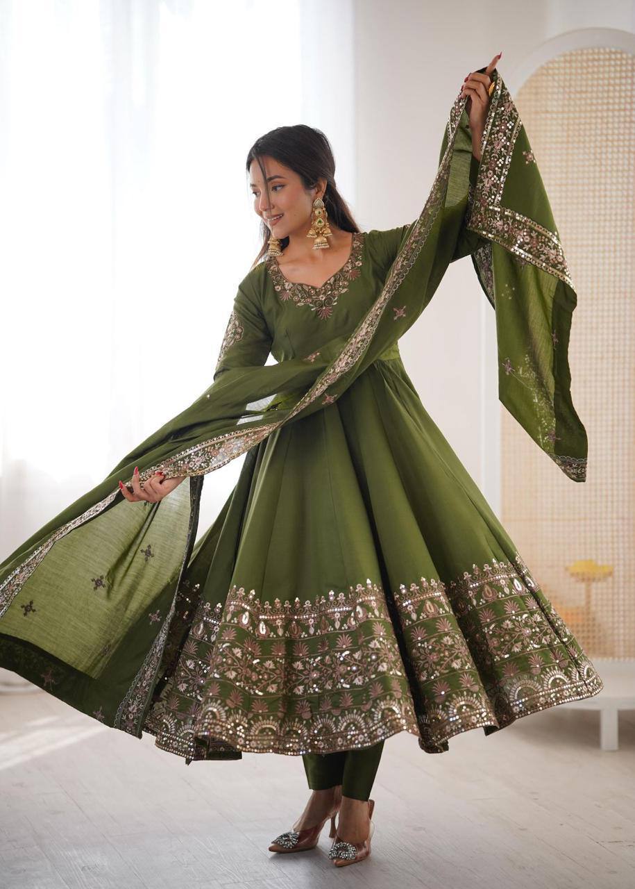 Premium Roman Silk Three‑Piece Anarkali Gown Set