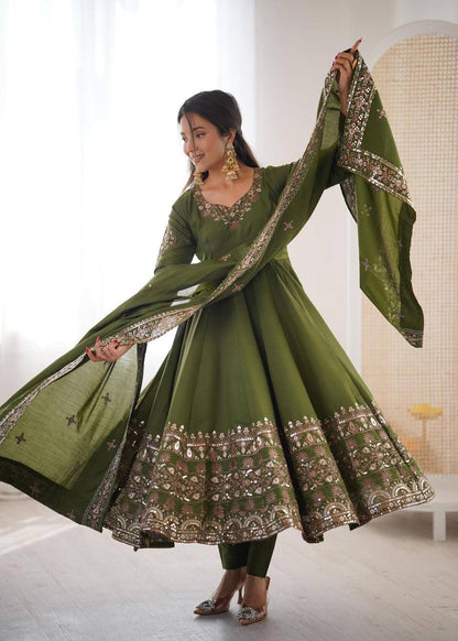 Premium Roman Silk Three‑Piece Anarkali Gown Set