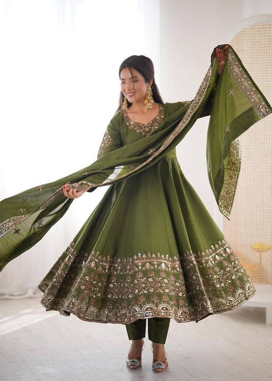 Premium Roman Silk Anarkali Gown, Bottom & Dupatta Set