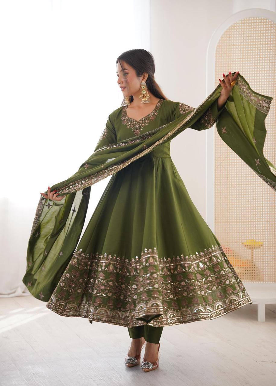 Premium Roman Silk Anarkali Gown, Bottom & Dupatta Set