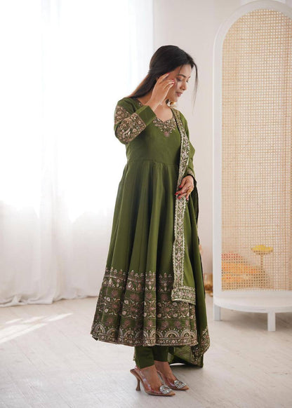 Premium Roman Silk Anarkali Gown, Bottom & Dupatta Set