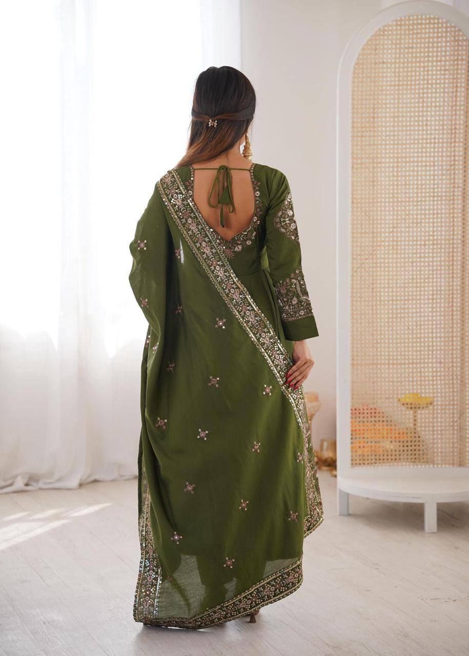 Premium Roman Silk Three‑Piece Anarkali Gown Set