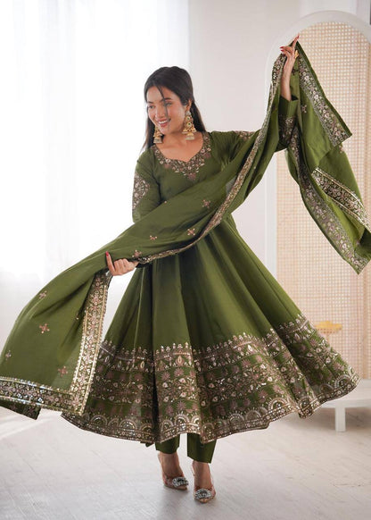 Premium Roman Silk Anarkali Gown, Bottom & Dupatta Set