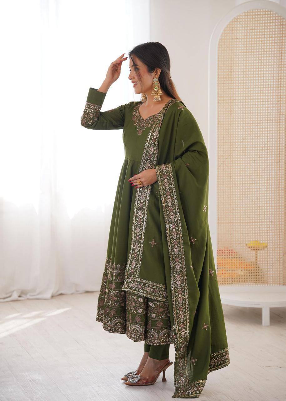 Premium Roman Silk Three‑Piece Anarkali Gown Set