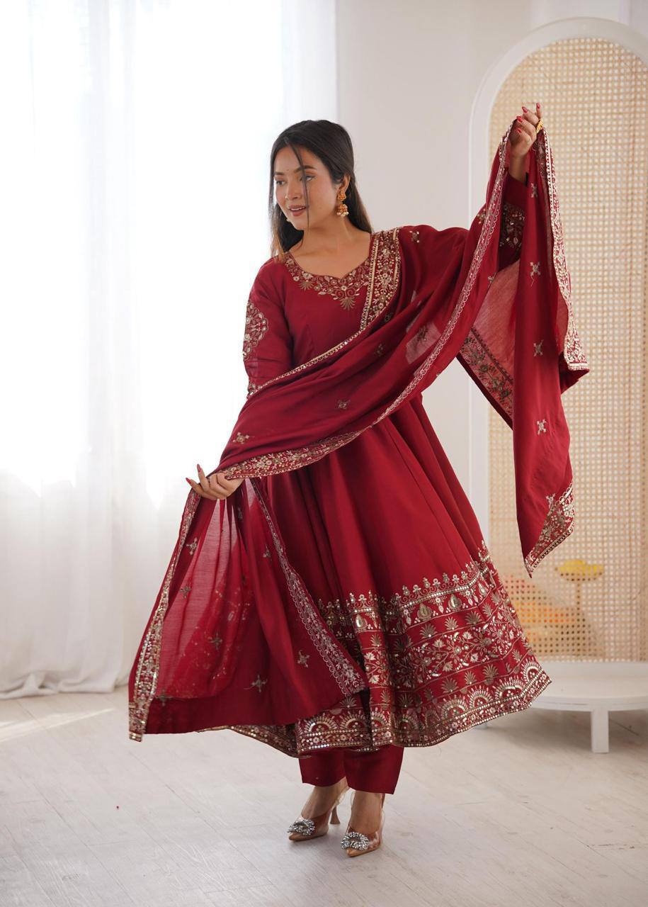 Premium Roman Silk Anarkali Gown, Bottom & Dupatta Set
